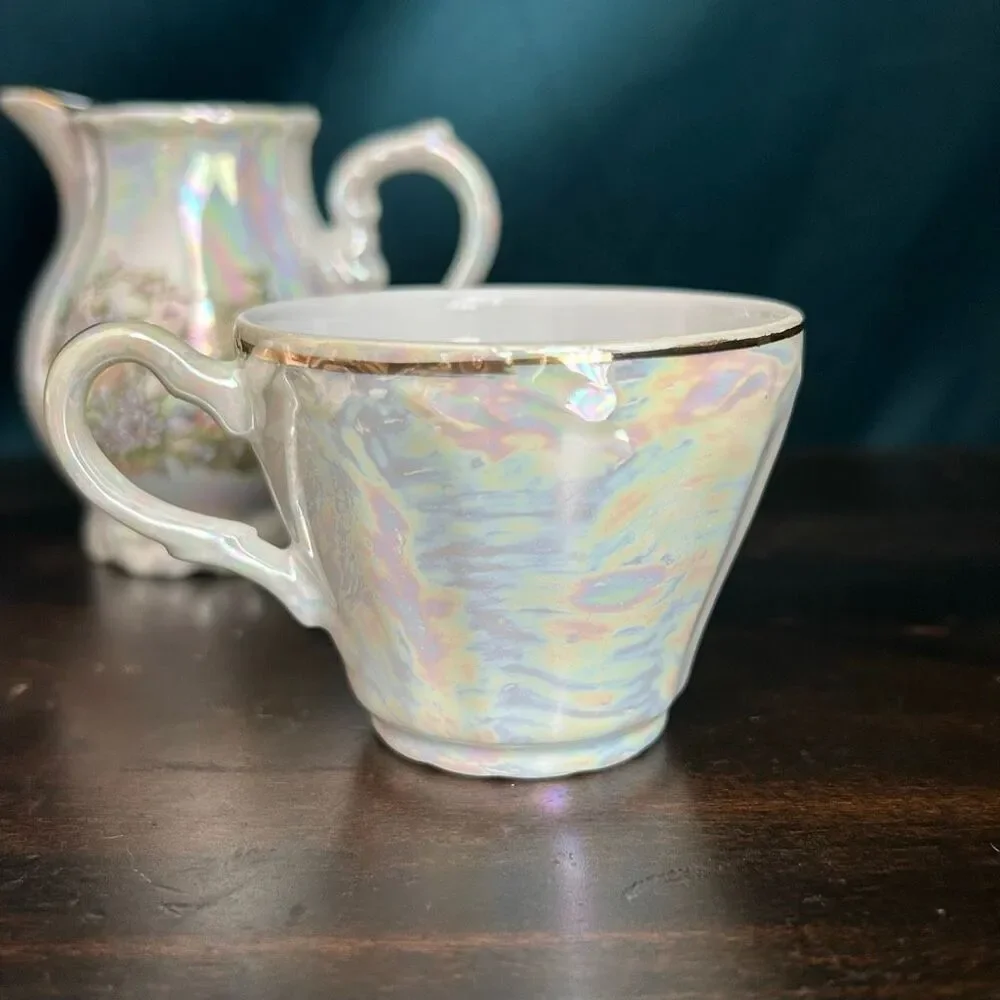 Pearlescent Iridescent Creamer and Demitasse Cup Set